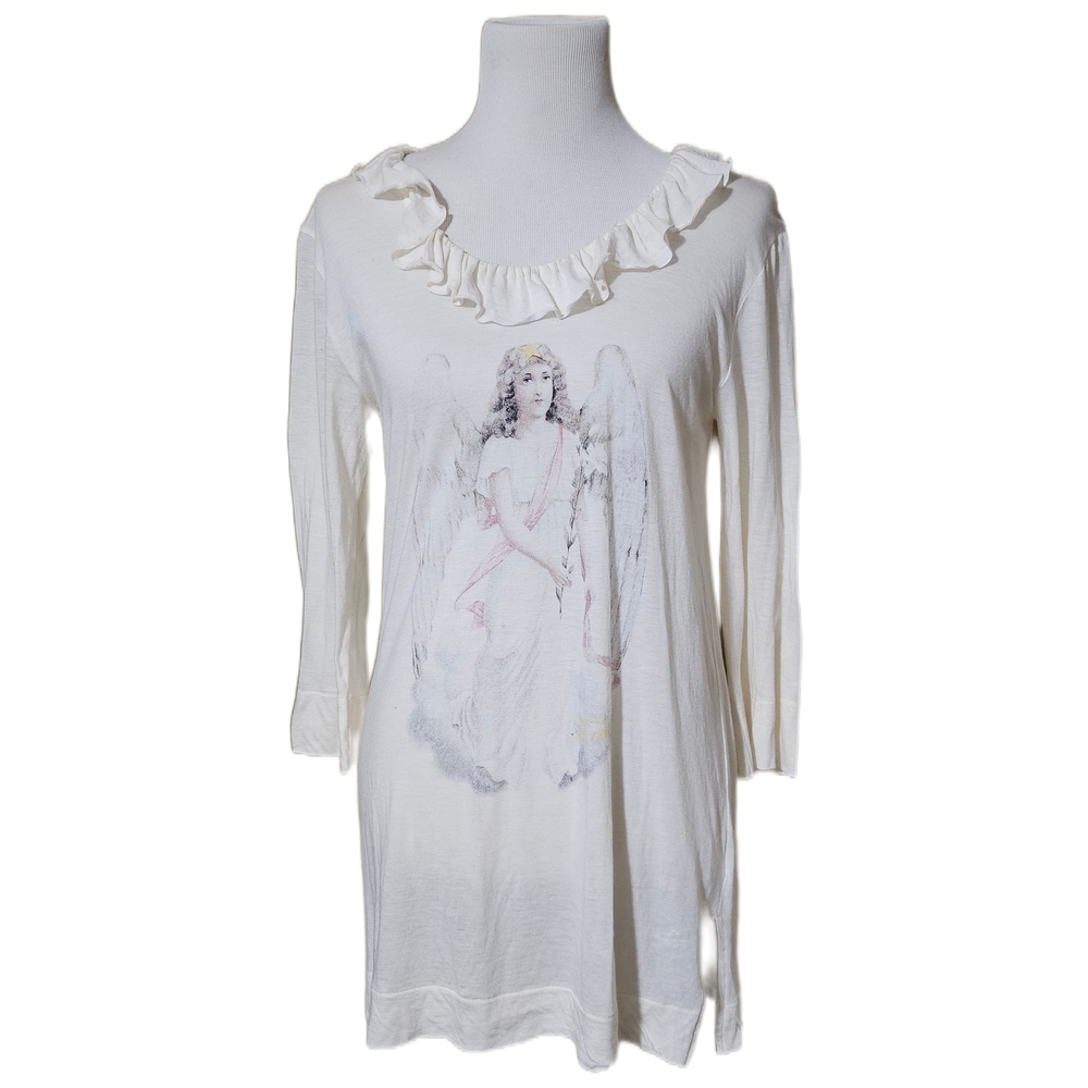 Katie Cream Angel Graphic Ruffle quarter Sleeeve Sleeve Top